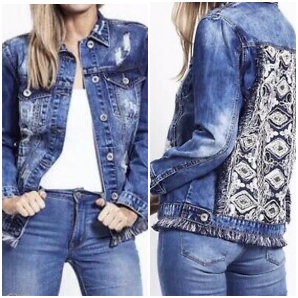 Jaase Distressed Embellished Boho Denim Jean Jacket